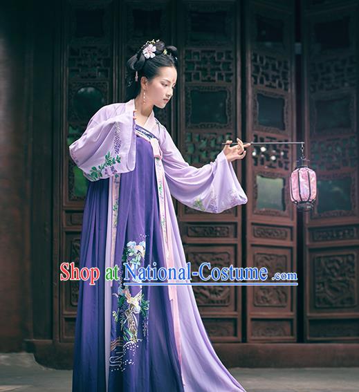 Asian China Ancient Tang Dynasty Palace Lady Costume Complete Set, Traditional Chinese Princess Embroidered Purple Dress for Women