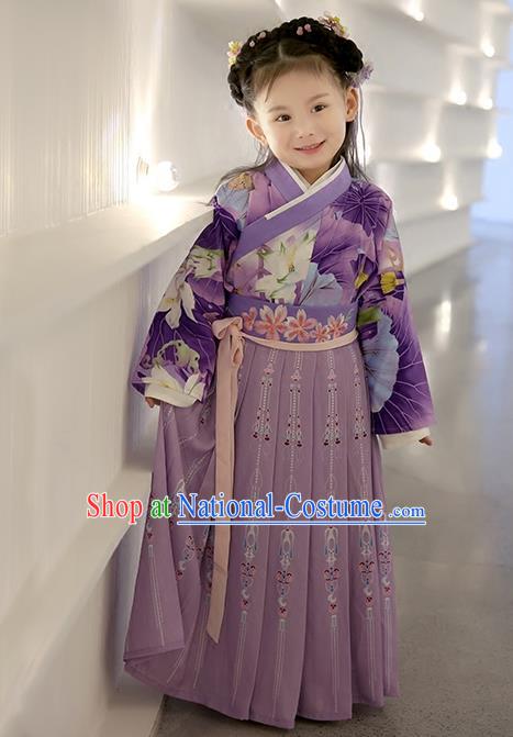 Asian China Ancient Han Dynasty Costume Purple Dress, Traditional Chinese Princess Embroidered Clothing for Kids