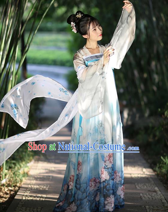 Asian China Ancient Tang Dynasty Palace Lady Costume, Traditional Chinese Princess Printing Clothing for Women