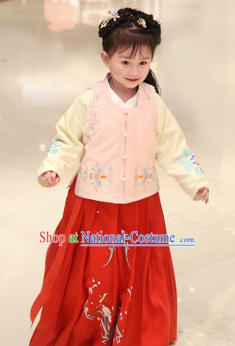 Traditional Chinese Ancient Hanfu Princess Costume Embroidered Pink Vest Blouse and Red Skirt, Asian China Ming Dynasty Palace Lady Clothing for Women