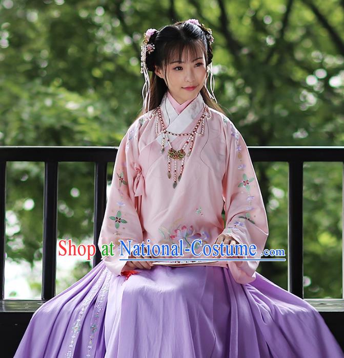 Traditional Chinese Ancient Hanfu Costume Embroidered Pink Blouse, Asian China Ming Dynasty Palace Lady Clothing for Women