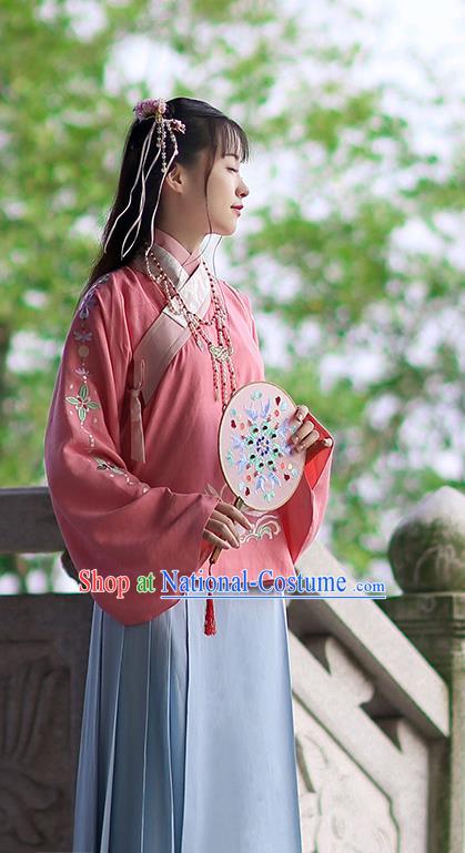 Traditional Chinese Ancient Hanfu Costume Embroidered Peach Pink Blouse, Asian China Ming Dynasty Palace Lady Clothing for Women