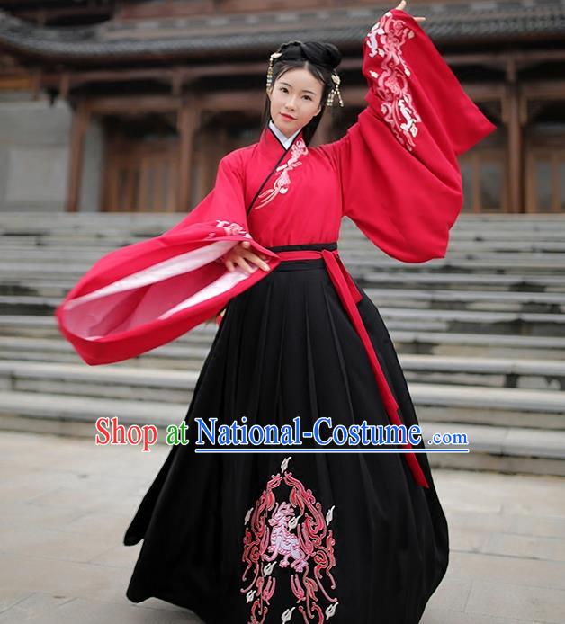 Traditional Chinese Ancient Hanfu Costume Embroidered Blouse and Skirts, Asian China Han Dynasty Palace Lady Clothing for Women