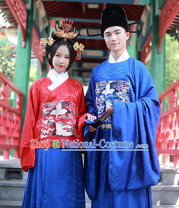 Asian Chinese Ming Dynasty Wedding Costume Complete Set, Ancient China Bride and Bridegroom Embroidered Clothing for Women for Men