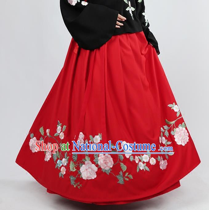 Asian Chinese Ming Dynasty Princess Costume Embroidery Red Skirts, Ancient China Palace Lady Embroidered Dress for Women