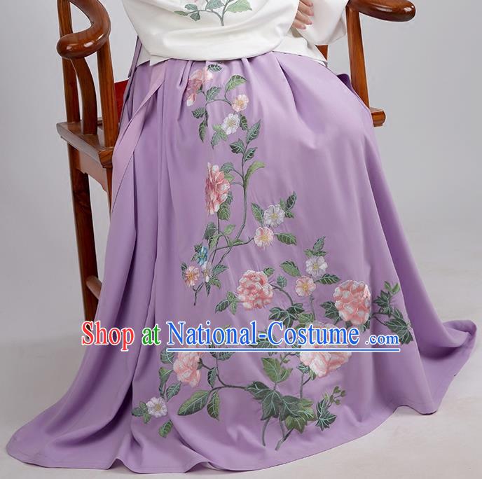 Asian Chinese Ming Dynasty Princess Costume Embroidery Peony Purple Skirts, Ancient China Palace Lady Embroidered Dress for Women