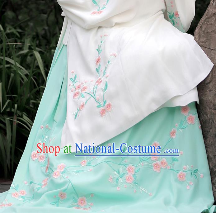 Asian Chinese Ming Dynasty Princess Costume Embroidery Begonia Green Skirts, Ancient China Palace Lady Embroidered Dress for Women