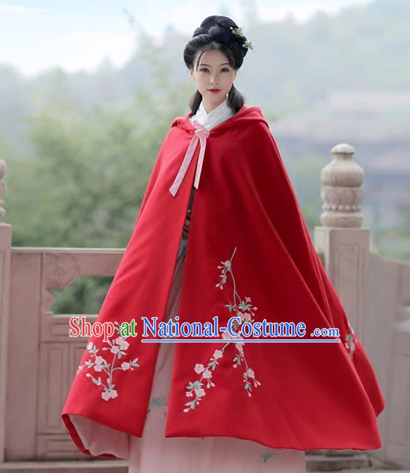 Asian Chinese Ming Dynasty Princess Costume Embroidery Red Cloak, Ancient China Palace Lady Embroidered Mantle for Women