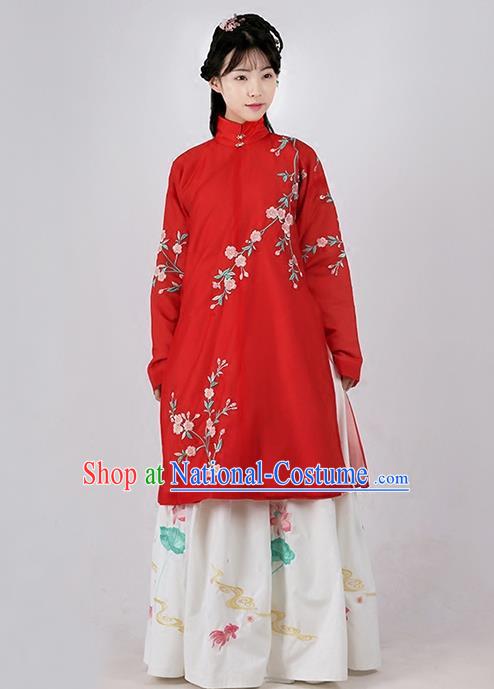 Asian Chinese Ming Dynasty Princess Costume Embroidery Begonia Red Coat, Ancient China Palace Lady Embroidered Dress for Women