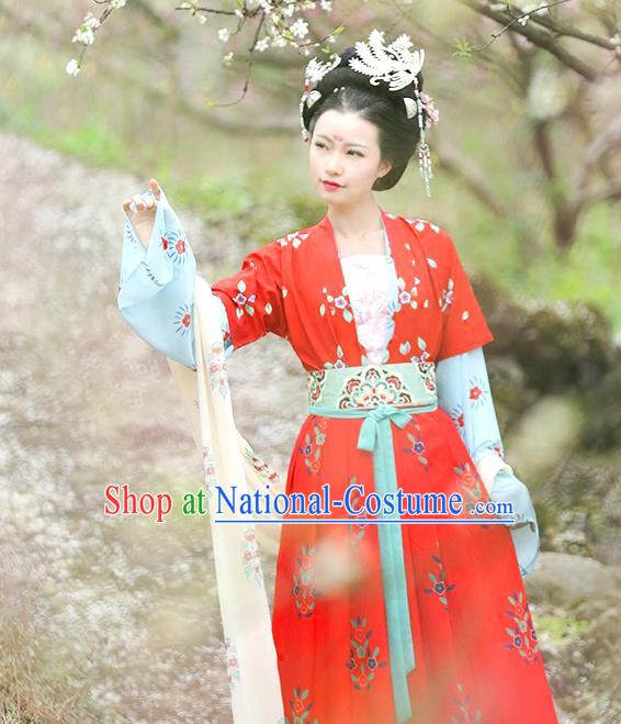 Traditional Chinese Ancient Hanfu Costume Red Blouse and Skirts Complete Set, Asian China Tang Dynasty Princess Embroidered Clothing for Women