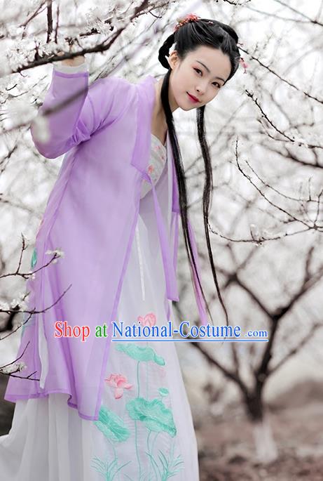 Asian Chinese Song Dynasty Princess Costume Embroidery Long BeiZi, Ancient China Palace Lady Embroidered Purple Cardigan for Women