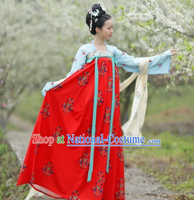 Traditional Chinese Ancient Hanfu Costume Blue Blouse and Red Skirts Complete Set, Asian China Tang Dynasty Princess Embroidered Clothing for Women