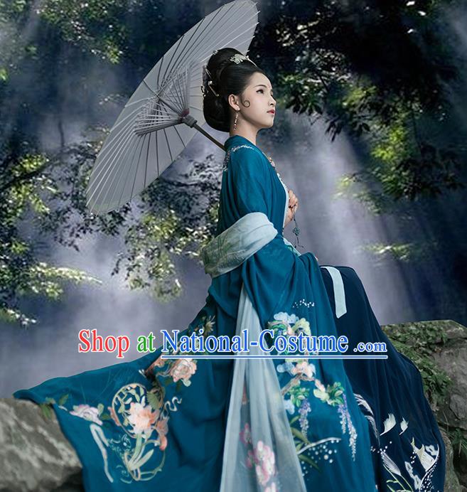 Traditional Chinese Ancient Hanfu Costume Peacock Blue Embroidered Cardigan, Asian China Jin Dynasty Wide Sleeve Cloak for Women