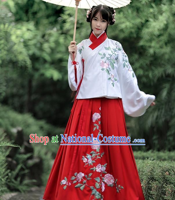 Traditional Chinese Ancient Young Lady Hanfu Costume Embroidered White Blouse, Asian China Ming Dynasty Princess Upper Outer Garment Clothing for Women