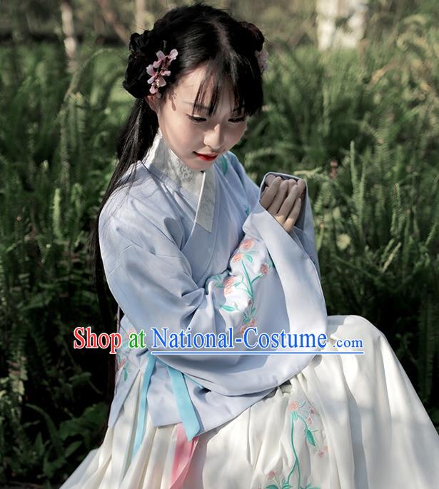 Traditional Chinese Ancient Hanfu Costume Embroidered Slant Opening Blue Blouse, Asian China Ming Dynasty Princess Upper Outer Garment Clothing for Women