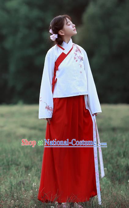 Traditional Chinese Ancient Hanfu Costume Embroidered Slant Opening Blouse and Skirt, Asian China Ming Dynasty Princess Clothing for Women