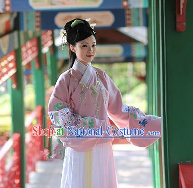 Asian Chinese Ming Dynasty Hanfu Embroidered Pink Blouse Costume, Traditional China Ancient Princess Clothing for Women