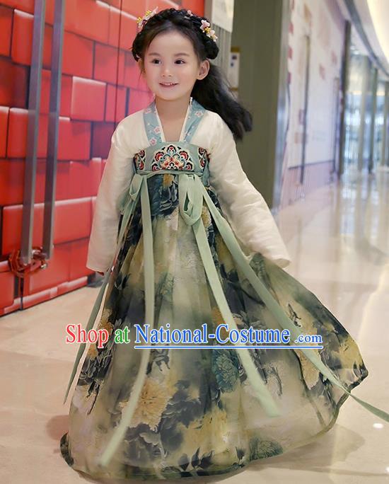 Asian China Ancient Han Dynasty Costume Grey Dress, Traditional Chinese Princess Printing Clothing for Kids