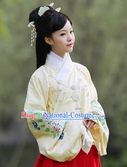 Asian Chinese Ming Dynasty Hanfu Embroidered Yellow Blouse Costume, Traditional China Ancient Princess Clothing for Women