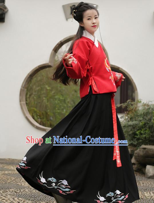 Asian Chinese Ming Dynasty Young Lady Hanfu Costume Embroidered Blouse and Skirt, Traditional China Ancient Princess Clothing for Women