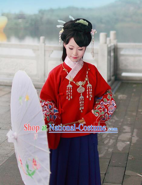 Asian Chinese Ming Dynasty Hanfu Embroidered Red Blouse Costume, Traditional China Ancient Princess Clothing for Women