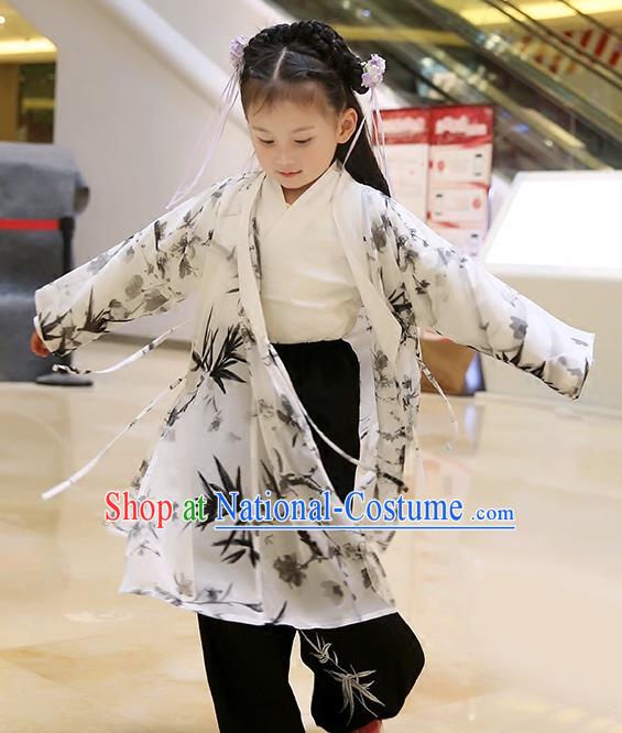 Asian Chinese Han Dynasty Children Hanfu Costume Complete Set, Traditional China Ancient Printing Bamboo Blouse and Pants Clothing for Kids