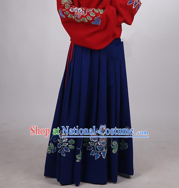 Asian Chinese Ming Dynasty Hanfu Costume Blue Embroidery Skirt, Traditional China Ancient Embroidered Dress Clothing for Women