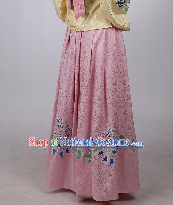 Asian Chinese Ming Dynasty Hanfu Costume Pink Satin Embroidery Skirt, Traditional China Ancient Embroidered Dress Clothing for Women