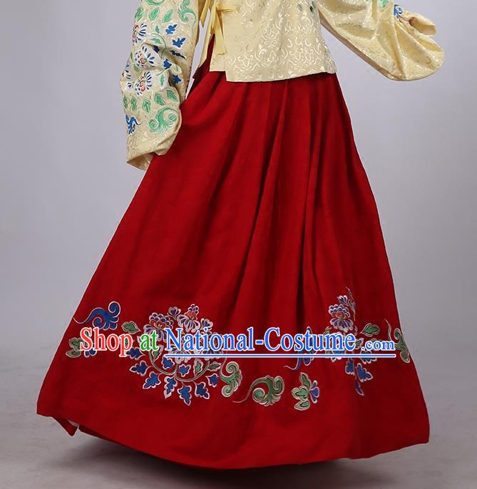 Asian Chinese Ming Dynasty Hanfu Costume Red Embroidery Skirt, Traditional China Ancient Embroidered Dress Clothing for Women