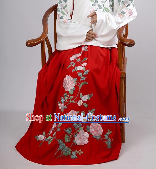 Asian Chinese Ming Dynasty Costume Hanfu Embroidery Red Skirt, Traditional China Ancient Embroidered Dress Clothing for Women