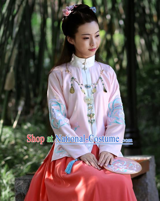 Asian Chinese Ming Dynasty Hanfu Costume Embroidered Pink Blouse, Traditional China Ancient Princess Upper Outer Garment Clothing for Women