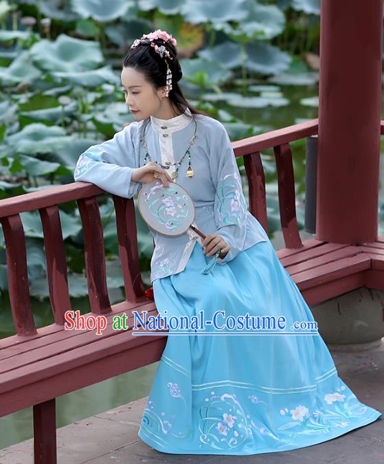 Asian Chinese Ming Dynasty Hanfu Costume Embroidered Blue Blouse, Traditional China Ancient Princess Upper Outer Garment Clothing for Women