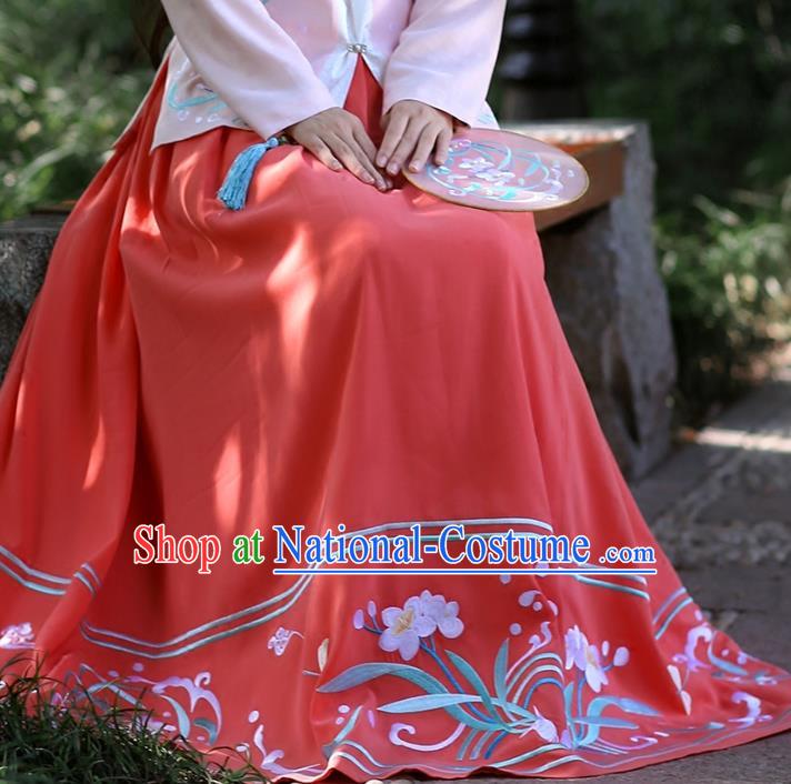 Asian Chinese Ming Dynasty Hanfu Costume Embroidered Red Bust Skirt, Traditional China Ancient Princess Dress Clothing for Women