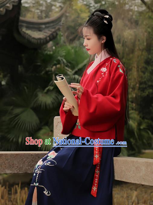 Asian Chinese Ming Dynasty Young Lady Costume Embroidery Red Blouse and Slip Skirt, Traditional China Ancient Embroidered Clothing for Women