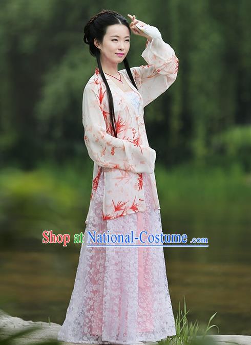 Asian Chinese Song Dynasty Young Lady Costume Hanfu BeiZi Complete Set, Traditional China Ancient Princess Pink Blouse for Women