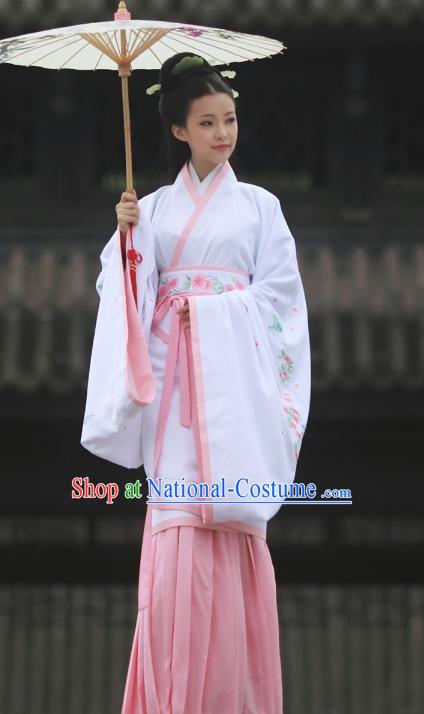 Asian Chinese Song Dynasty Young Lady Costume Hanfu Embroidered Pink Curve Bottom, Traditional China Ancient Princess Dress for Women