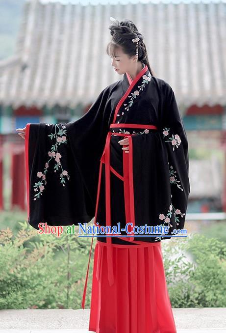 Asian Chinese Han Dynasty Costume Hanfu Embroidery Black Curve Bottom, Traditional China Ancient Embroidered Dress Clothing for Women