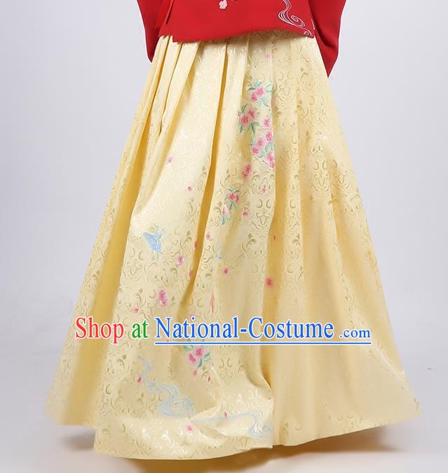 Asian Chinese Song Dynasty Young Lady Costume Hanfu Embroidered Peach Blossom Yellow Skirt, Traditional China Ancient Princess Dress for Women