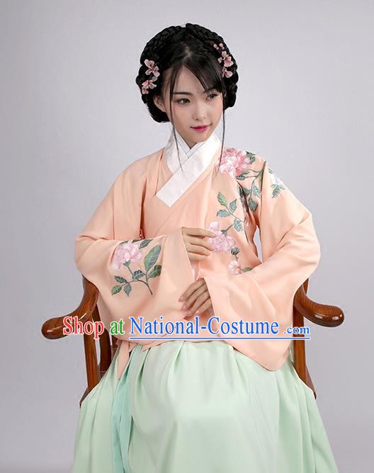 Asian Chinese Ming Dynasty Young Lady Costume Hanfu Embroidered Pink Blouse, Traditional China Ancient Princess Upper Outer Garment for Women