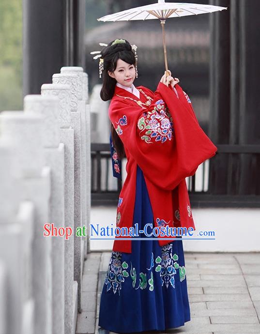 Asian Chinese Tang Dynasty Imperial Princess Costume, Traditional China Ancient Palace Lady Embroidered Red Cloak for Women