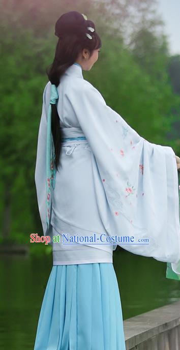 Asian Chinese Han Dynasty Imperial Princess Blue Curve Bottom Costume, Traditional China Ancient Palace Lady Embroidered Dress for Women