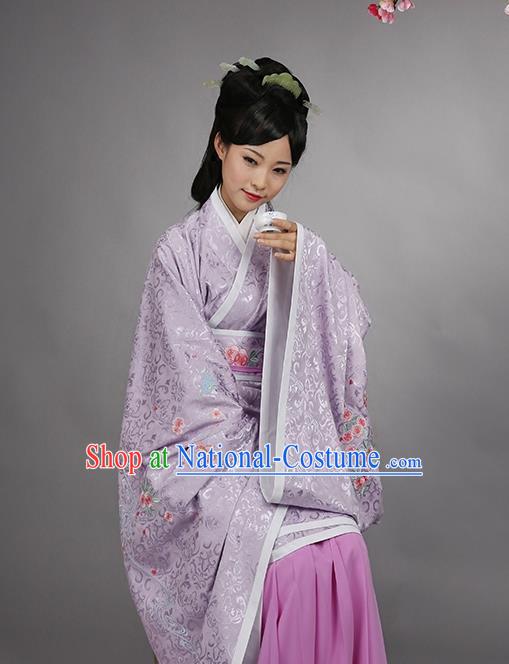 Asian Chinese Han Dynasty Imperial Princess Purple Curve Bottom Costume, Traditional China Ancient Palace Lady Embroidered Dress for Women