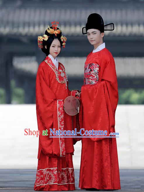 Asian Chinese Ming Dynasty Bride and Bridegroom Wedding Costume Complete Set, Traditional China Ancient Embroidered Red Clothing