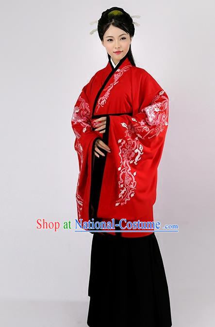 Asian Chinese Han Dynasty Palace Lady Red Curve Bottom Costume Complete Set, Traditional China Ancient Princess Embroidered Clothing