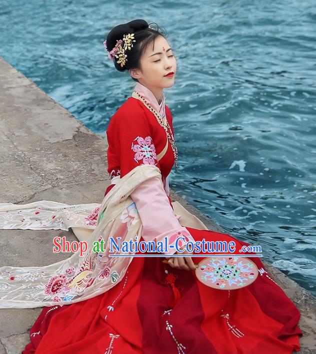 Asian Chinese Tang Dynasty Imperial Concubine Costume, Ancient China Palace Lady Embroidered Red Dress Clothing