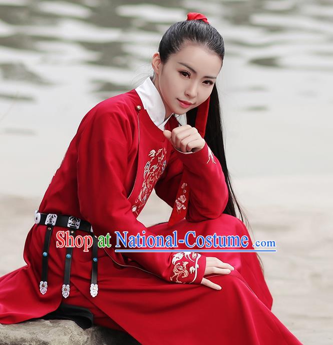 Asian Chinese Ming Dynasty Swordswoman Costume Hanfu Embroidery Red Robe, Traditional China Ancient Embroidered Clothing for Women