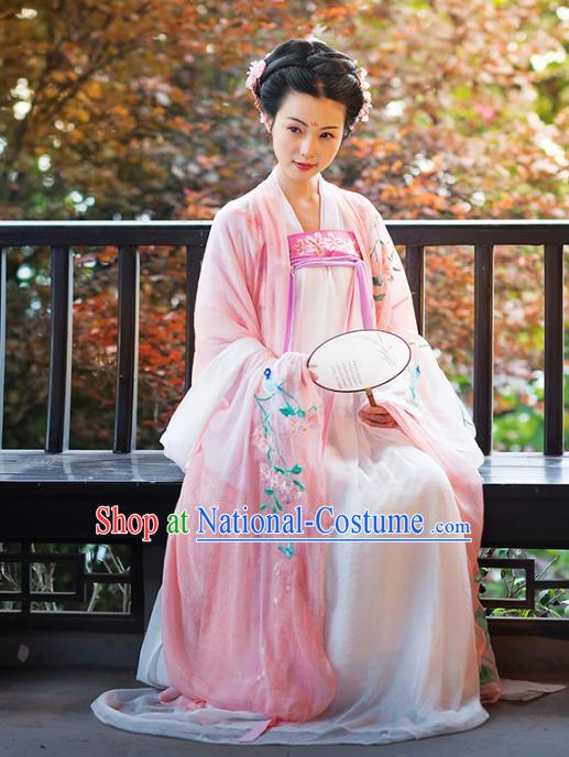 Asian Chinese Tang Dynasty Imperial Concubine Costume Hanfu Pink Embroidery Slip Skirt, Traditional China Ancient Embroidered Dress Clothing for Women