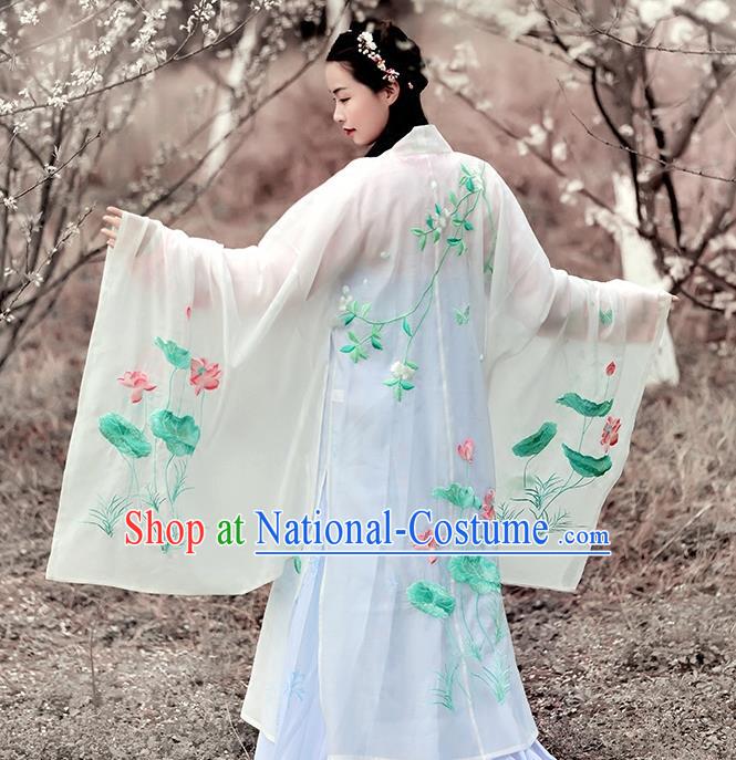 Asian Chinese Tang Dynasty Princess Costume Embroidery Lotus Wide Sleeve Cloak, Ancient China Palace Lady Embroidered White Cardigan for Women