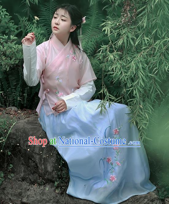 Asian Chinese Song Dynasty Young Lady Costume Complete Set, Ancient China Princess Embroidered Half-Sleeves Slip Skirt Clothing for Women