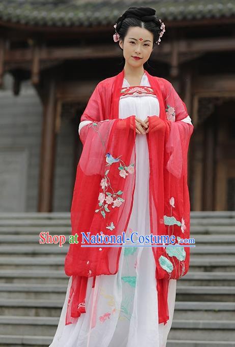 Asian Chinese Tang Dynasty Young Lady Costume Wide Sleeve Cardigan, Ancient China Princess Embroidered Red Cloak Clothing for Women